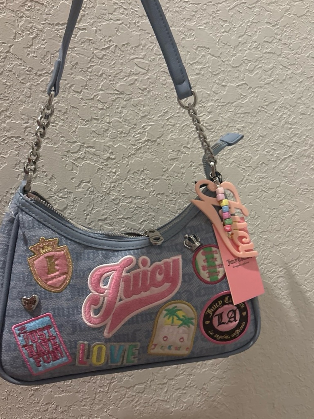 Juicy Couture Light Blue Patchwork Logo Shoulder Bag with Pink Tag